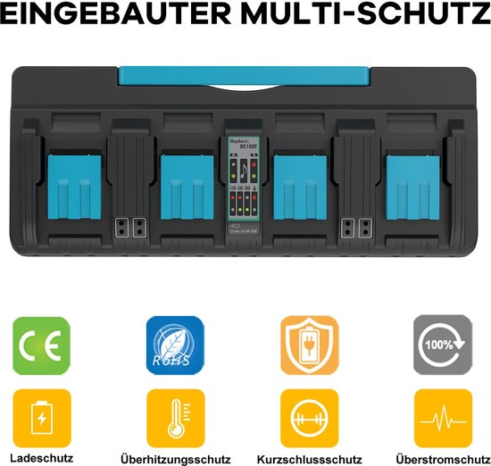 Geschikt voor 14,4V-18V 4-poorts lader vervanging voor Makita DC18SF vier-poorts lader compatibel met Makita BL1850 BL1850B BL1860B BL1845 BL1840B BL1840 BL1830B serie 18V accu's van Merkloos	 — afbeelding 2