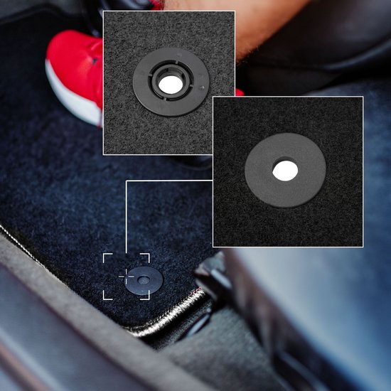 Tapis de sol noir avec clip de fixation circulaire et chaussure rouge.