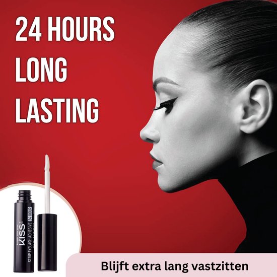 Close-up van een vrouw met winged eyeliner, naast een flacon met Kiss Strip Eyelash Adhesive 24 Hour.
