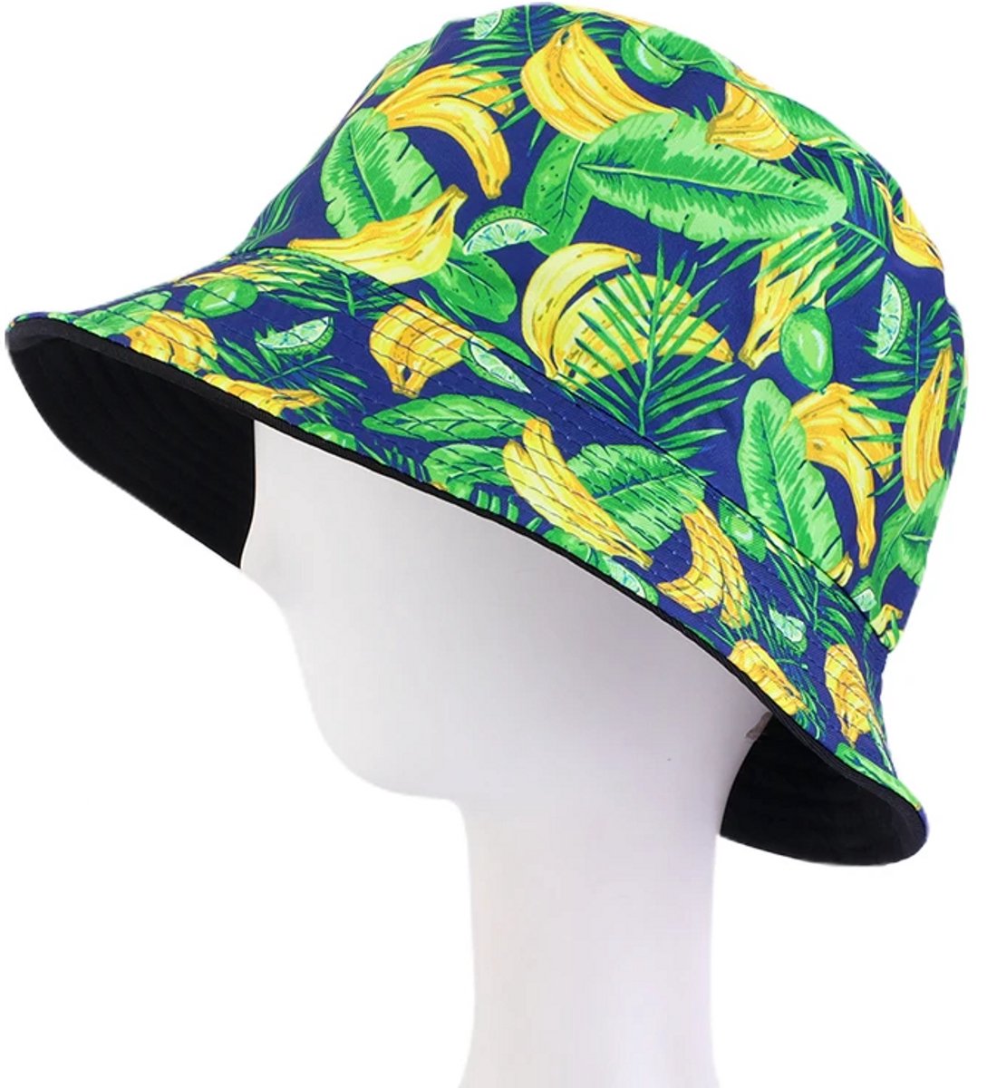 Bucket Hat - Omkeerbaar Vissershoedje - Dubbellaags - Bananen Blauw - Reversible naar Zwart - Maat 58 cm - Heren - Dames - Festival Accessoire - Festivalhoedje - Regenhoedje - Zonnehoedje - Emmerhoed - Hoed - Unisex