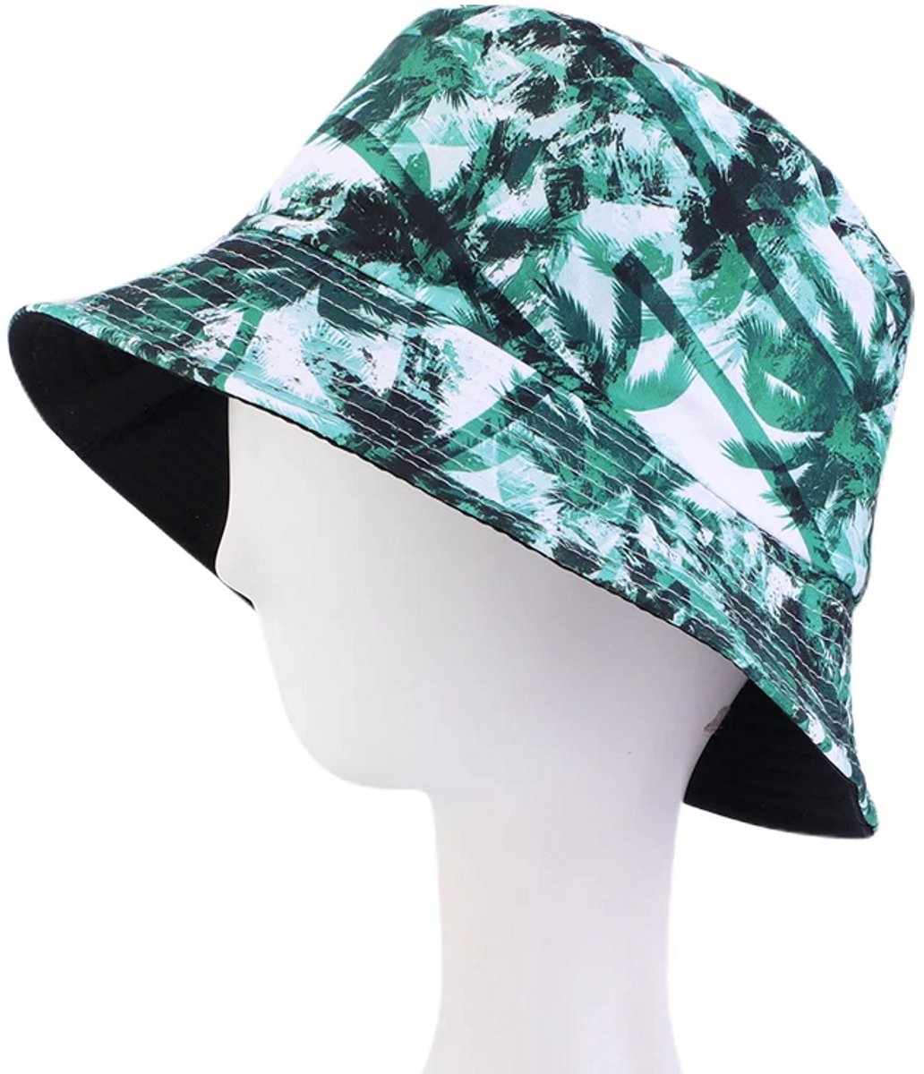 Bucket Hat - Omkeerbaar Vissershoedje - Dubbellaags - Palmbomen Groen - Reversible naar Zwart - Maat 58 cm - Heren - Dames - Festival Accessoire - Festivalhoedje - Regenhoedje - Zonnehoedje - Emmerhoed - Hoed - Unisex