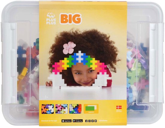Een Plus-Plus BIG opbergbox met 200 stuks, met een kind met een regenbooghoofddeksel.