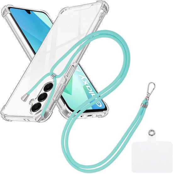 Coque antichoc compatible avec Samsung Galaxy A26, transparente, avec cordon universel, couleur menthe - Housse - Tour de cou - Housse pour cordon