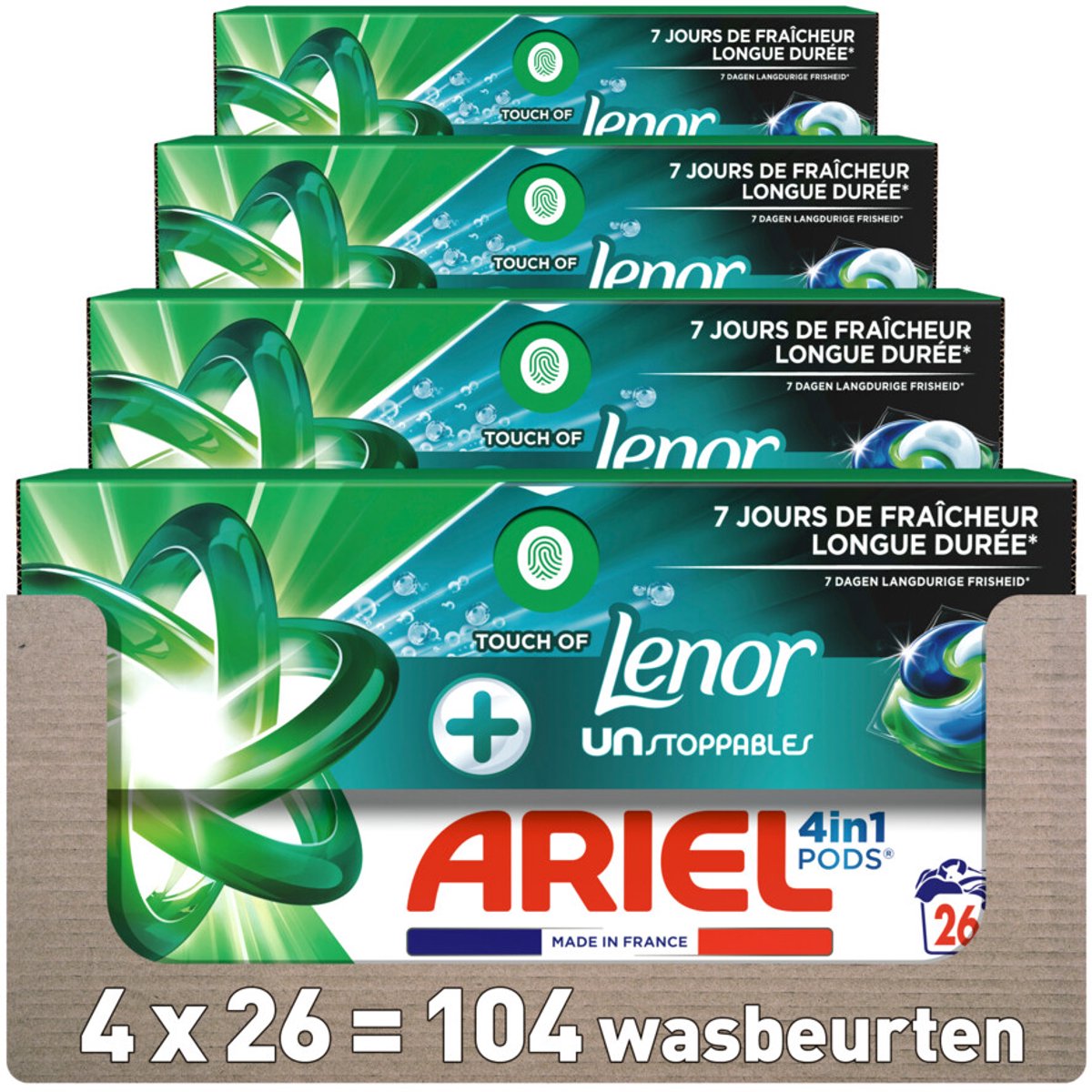 Goedkoopste 4x Ariel 4in1 Wasmiddel Pods Lenor Unstoppables 26 stuks