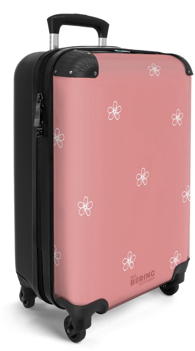 NoBoringSuitcases.com® - Handbagage koffer lichtgewicht - Reiskoffer trolley - Roze met witte bloemen - Reis rolkoffer met wieltjes - Carry on reistrolley op wielen - Luggage suitcase - 55x40x20 en 55x35x25 - Bagage 55 cm