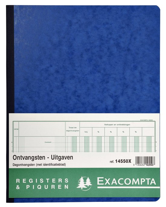 Registre Exacompta bleu avec l'inscription 'Ontvangsten - Uitgaven'. Avec des colonnes pour la date, les recettes et les ventes.