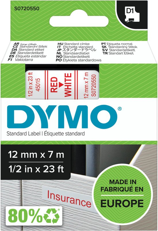 DYMO D1 standaard labelcassette verpakking, 12 mm x 7 m, met rode en witte tekst. 'Gemaakt in Europa'.
