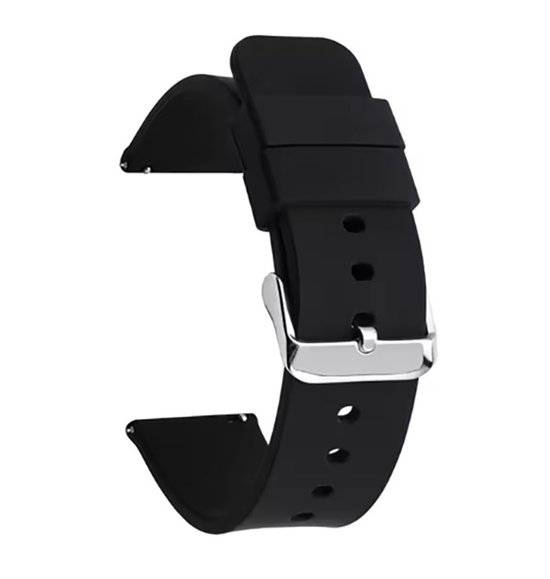 Bracelet de montre noir en silicone avec boucle argentée.