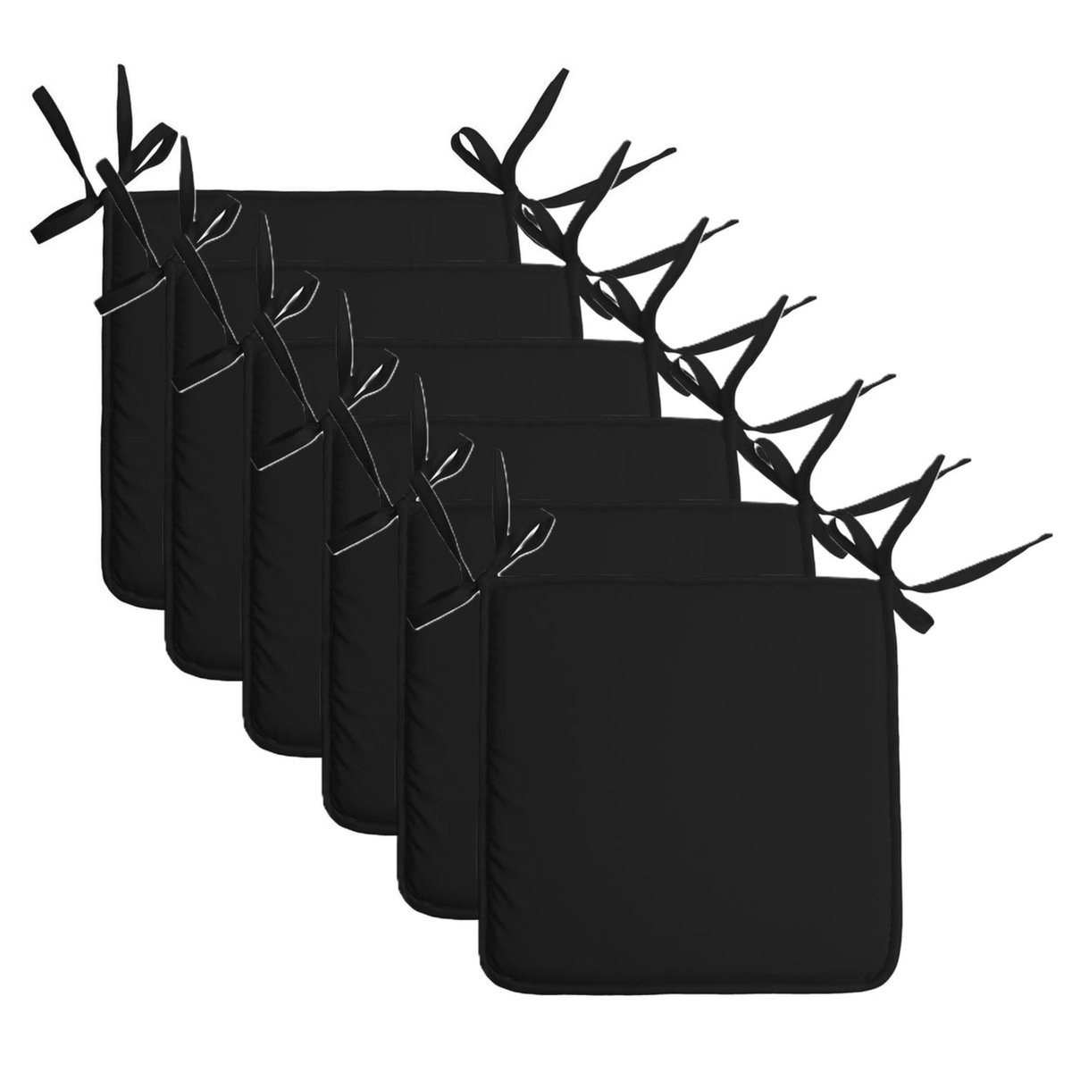 Stof Textile Home stoelkussens - 6x - zwart - 38 x 38 x 3 cm - voor binnen - touwtjes sluiting - zitkussens plat - vierkant