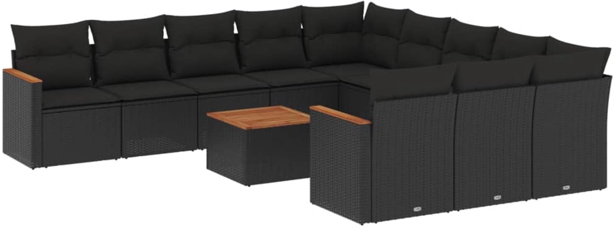 The Living Store 12-delige Loungeset met kussens poly rattan zwart - Loungebank - Lounge Set - Tuinbank - Buitendining - Outdoor Furniture