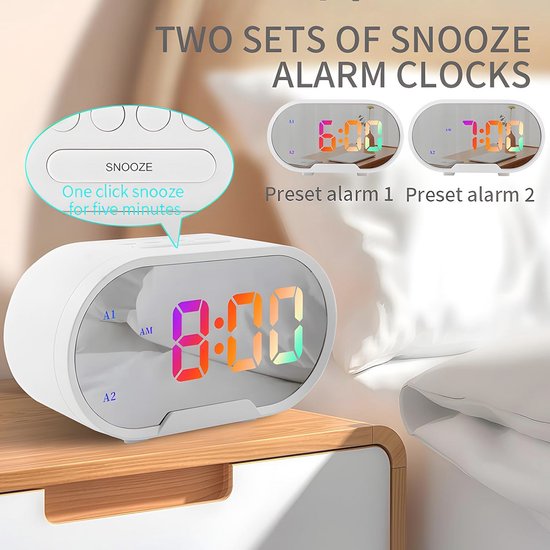 Digitale led-wekker met groot 5,5 inch display en spiegeloppervlak - Instelbaar alarm met USB-poorten — afbeelding 5
