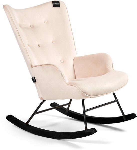 Fauteuil à bascule Aemely® « Steerne » - Velours beige, bois Zwart