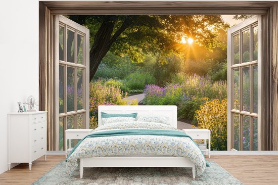Behang - Fotobehang Doorkijk - Bloemen - Natuur - Zon - Pad - Breedte 400 cm x hoogte 300 cm