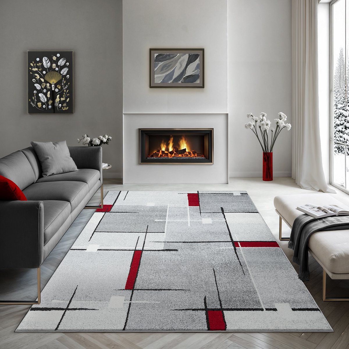 the carpet Pearl Moderne dichte korte pool woonkamer slaapkamer vloerkleed, contour gesneden, Grijs Rood, 80 x 140