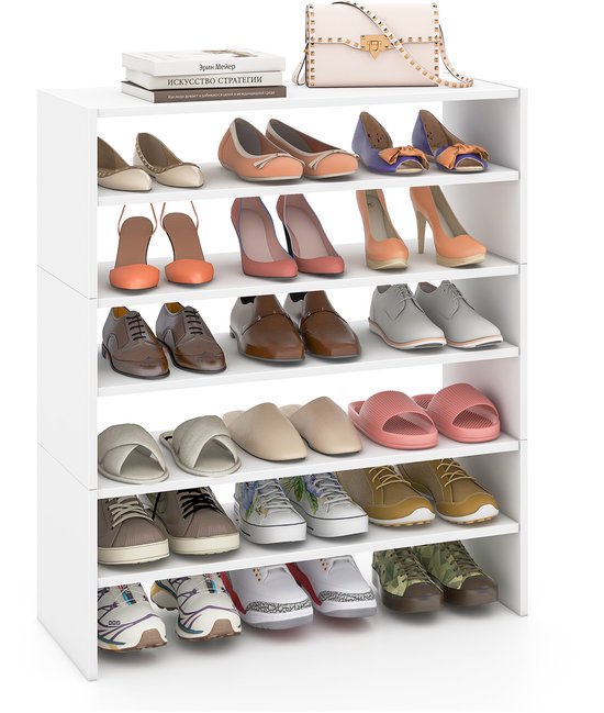 Foto: Costway 5 traps stapelbaar schoenenrek open schoenenkast 78 x 30 x 90 cm schoenenrek van hout voor entree hal vrij te combineren wit