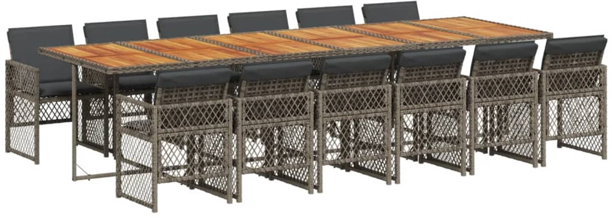 The Living Store 13-delige Tuinset met kussens poly rattan grijs - Tuinmeubel - Buitentafel - Lounge Set - Poly Rattan - Eetkamerset
