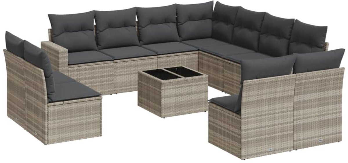 The Living Store 12-delige Loungeset met kussens poly rattan lichtgrijs - Loungeset - Tuinmeubels - Lounge Set - Outdoor Furniture - Ratten Meubel