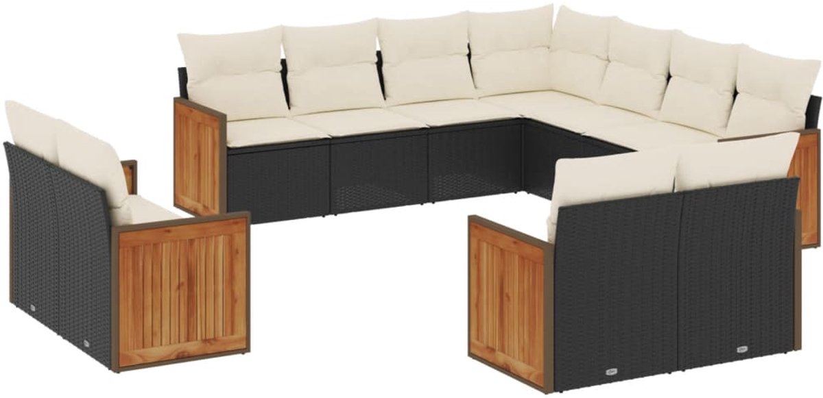The Living Store 11-delige Loungeset met kussens poly rattan zwart - Loungebank - Lounge Set - Tuinset - Buitendecoratie - Tuinbank