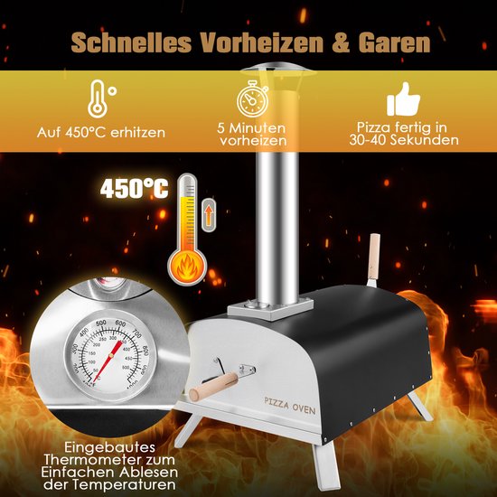 COSTWAY Pizza oven outdoor, draagbare pizza houtkachel incl. pizza schuiver en pizzasteen, hout pizza oven voor tuin camping van Merkloos — afbeelding 5