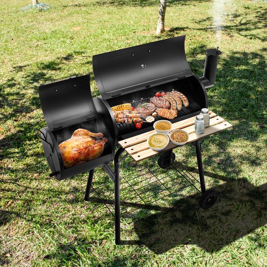 COSTWAY Houtskoolgrill met deksel, grillwagen met wielen, zijvuurbox, zijtafel, plank, houten handgrepen, thermometer, houtskoolgrill voor camping, terras, tuin van Merkloos — afbeelding 3
