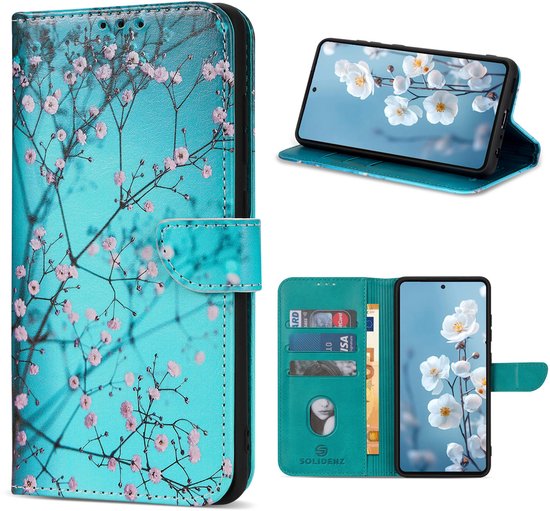 Étui portefeuille en cuir pour Samsung Galaxy A56 5G / Samsung Galaxy A36 5G - Fleur de cerisier - Fleurs - Blauw - Avec support - Porte-cartes - Fermeture magnétique - Bookcase