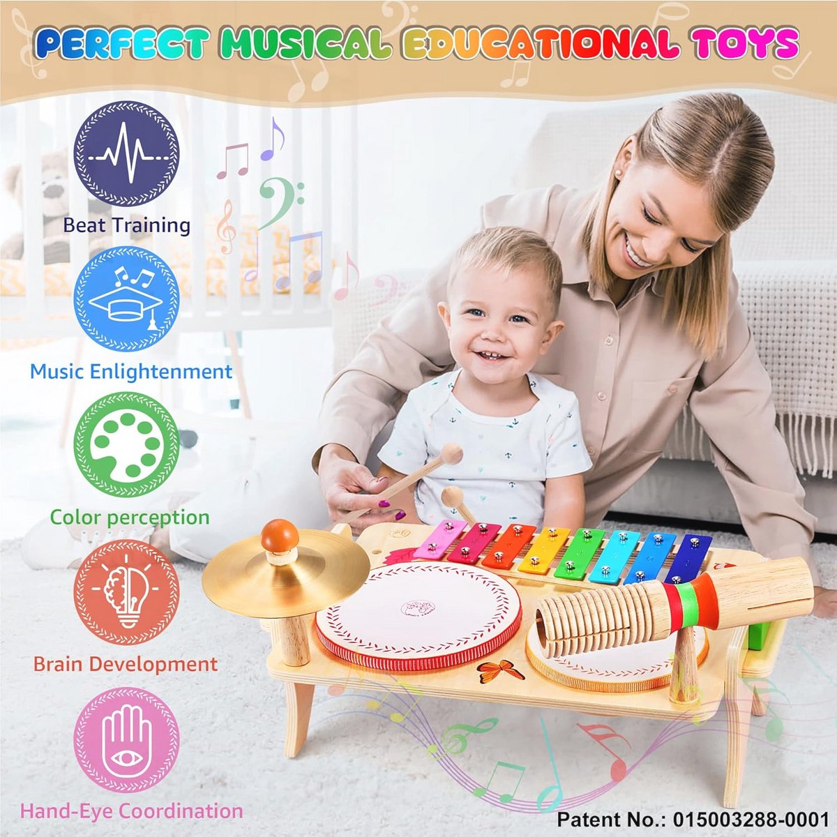 Kinderdrumset voor Peuters met Xylofoon en Houten Speelgoed - Educatief Muziekspeelgoed voor Kinderen