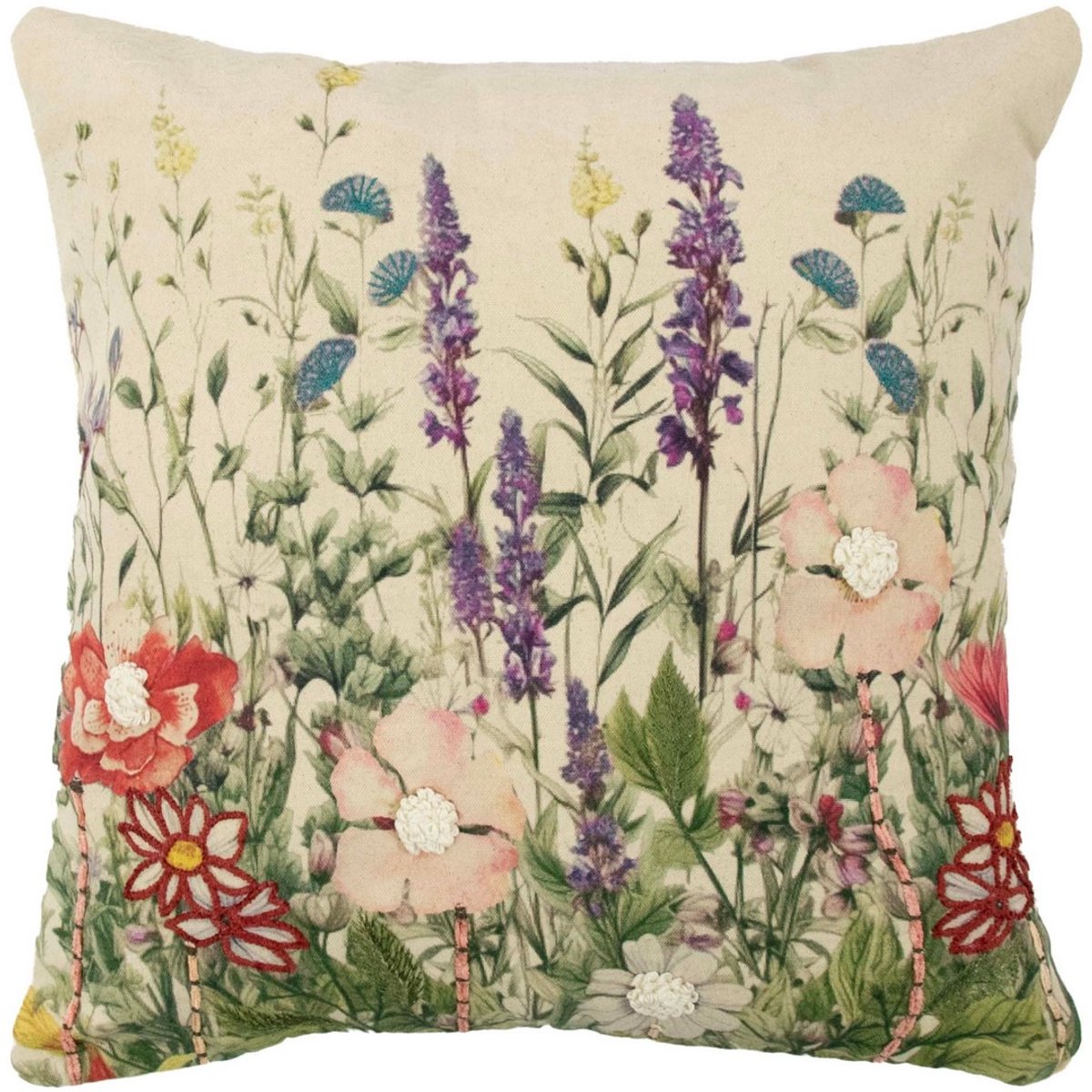 Mars & More kussen geborduurd wilde bloemen paarse ridderspoor 45x45cm Multi