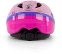 Roze fietshelm met Minnie Mouse, strikken en cirkels. Blauw-paarse rand.