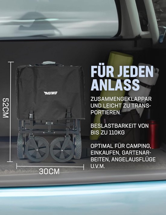 Opvouwbare Bolderkar 90x52x55 cm - Handkar voor Comfortabel Vervoer, 100 Liter Capaciteit, 110 kg Belastbaar, Draaibare Voorwielen van LifeGoods — afbeelding 4
