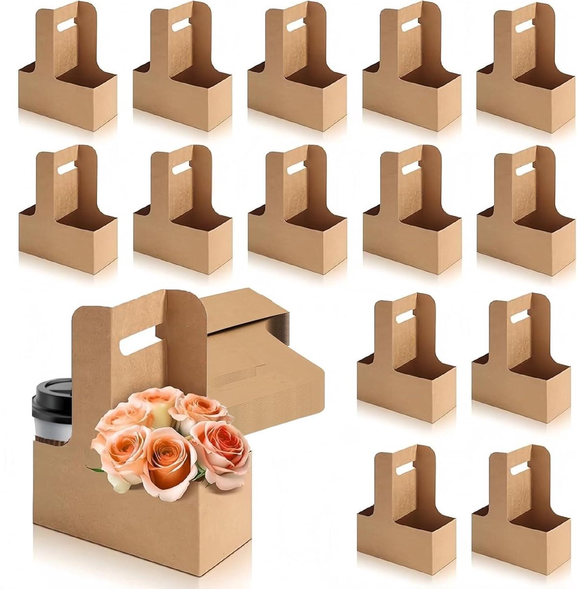 Kartonnen Koffiebekerhouder Kraftpapieren Bekerhouder voor 2 Kopjes - Wegwerp - 15 stuks