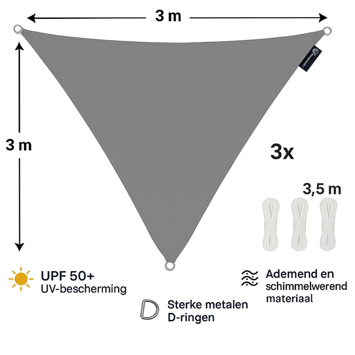 CUHOC Schaduwdoek Driehoek 3x3x3 Meter – Grijs – UV-Beschermend Zonnescherm voor Tuin, Terras of Balkon – Waterdoorlatend – Inclusief Bevestigingstouw – Ademend & Weerbestendig