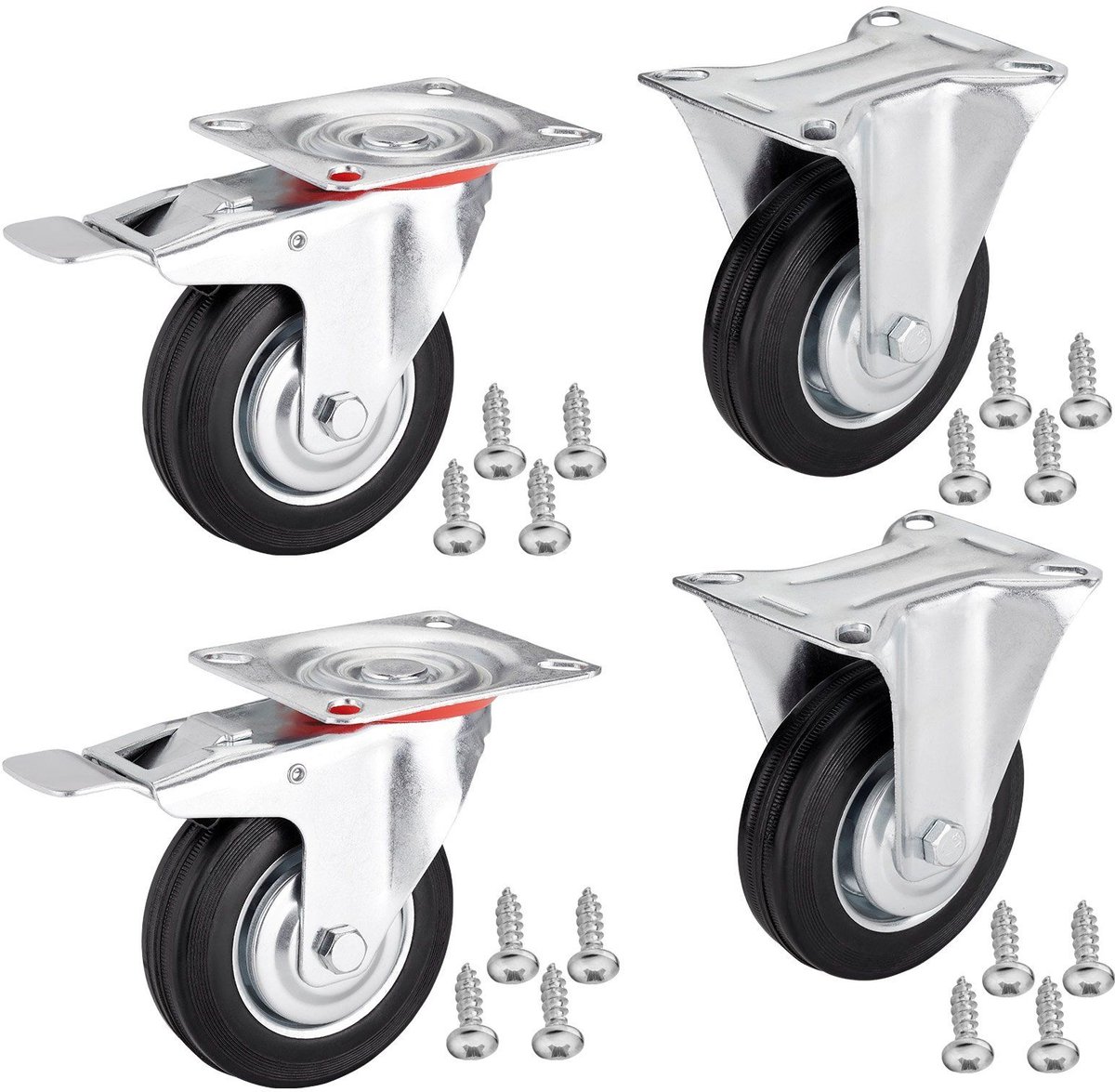 JUNKER - Set van 4 Transportwielen - Ø 125 mm (2x zwenkwielen en 2x zwenkwielen met rem - draagvermogen tot 440 kg