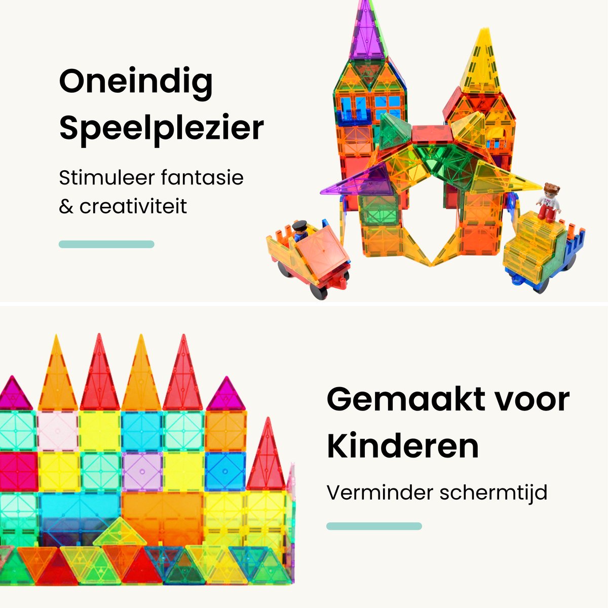 Kids4u Magnetic Tiles - Magnetisch Speelgoed - 125 Stuks Bouwset - 2 Minifiguren - Constructiespeelgoed - Montessori Speelgoed - Magnetische Tegels — cadeau in Spellen & Speelgoed - foto 7