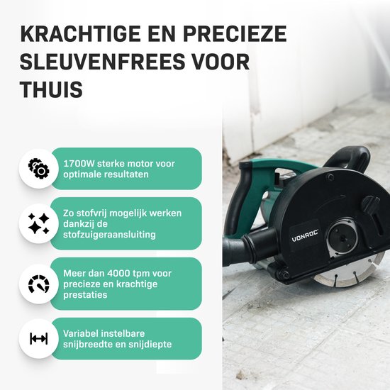 VONROC Muurfrees – Sleufmachine – 1700W – Ø150MM – Incl. 2 stuks diamantschijven & opbergtas