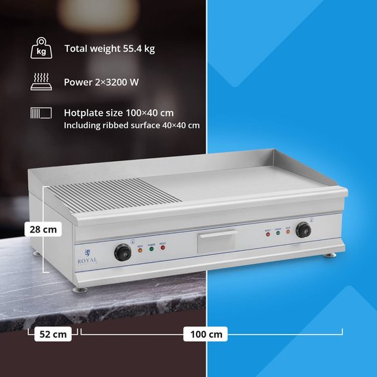 Dubbele elektrische bakplaat - 100 cm - geribbeld - 2 x 3200 W - Royal Catering — afbeelding 5