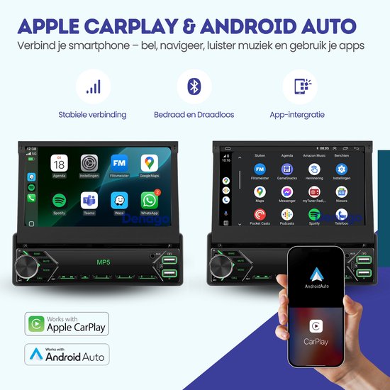 Denago autoradio met klapscherm, compatibel met Apple CarPlay en Android Auto. Toont apps en smartphone met Android Auto/CarPlay.
