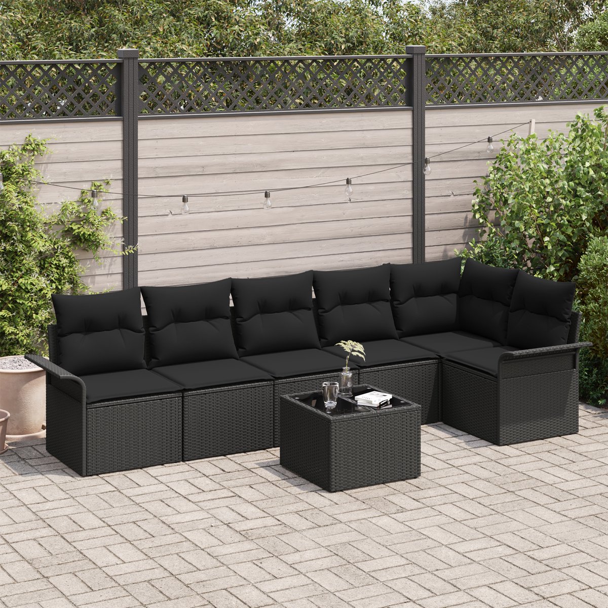 vidaXL - Tuinbank - Set - met - kussen - 7 - pcs - Zwart - poly - rattan