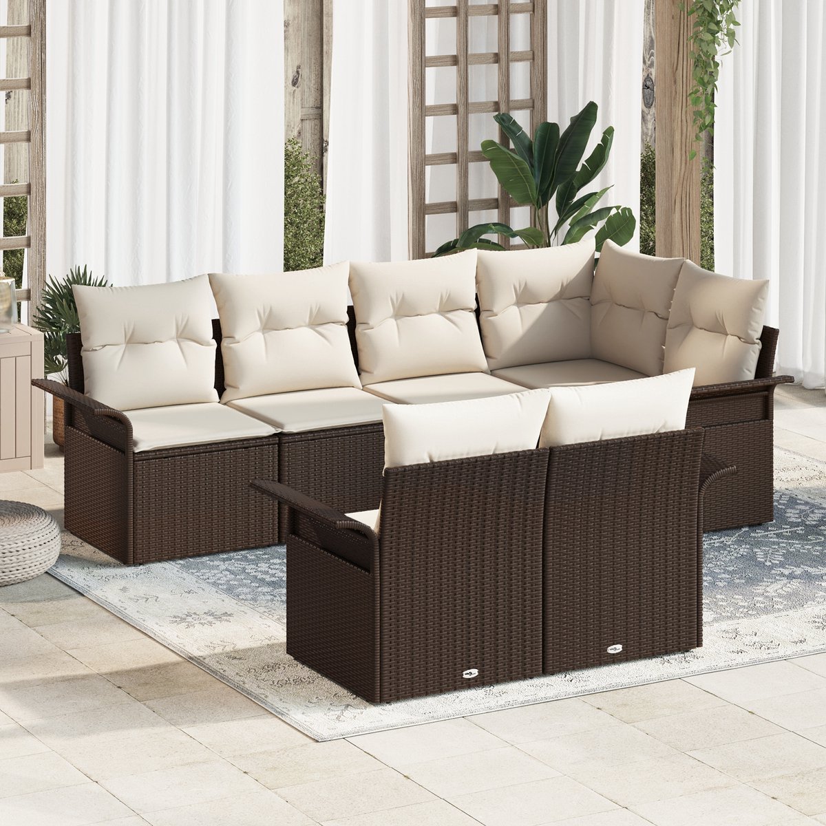 vidaXL - Tuinbank - Set - met - kussen - 7 - pcs - Bruin - poly - rattan