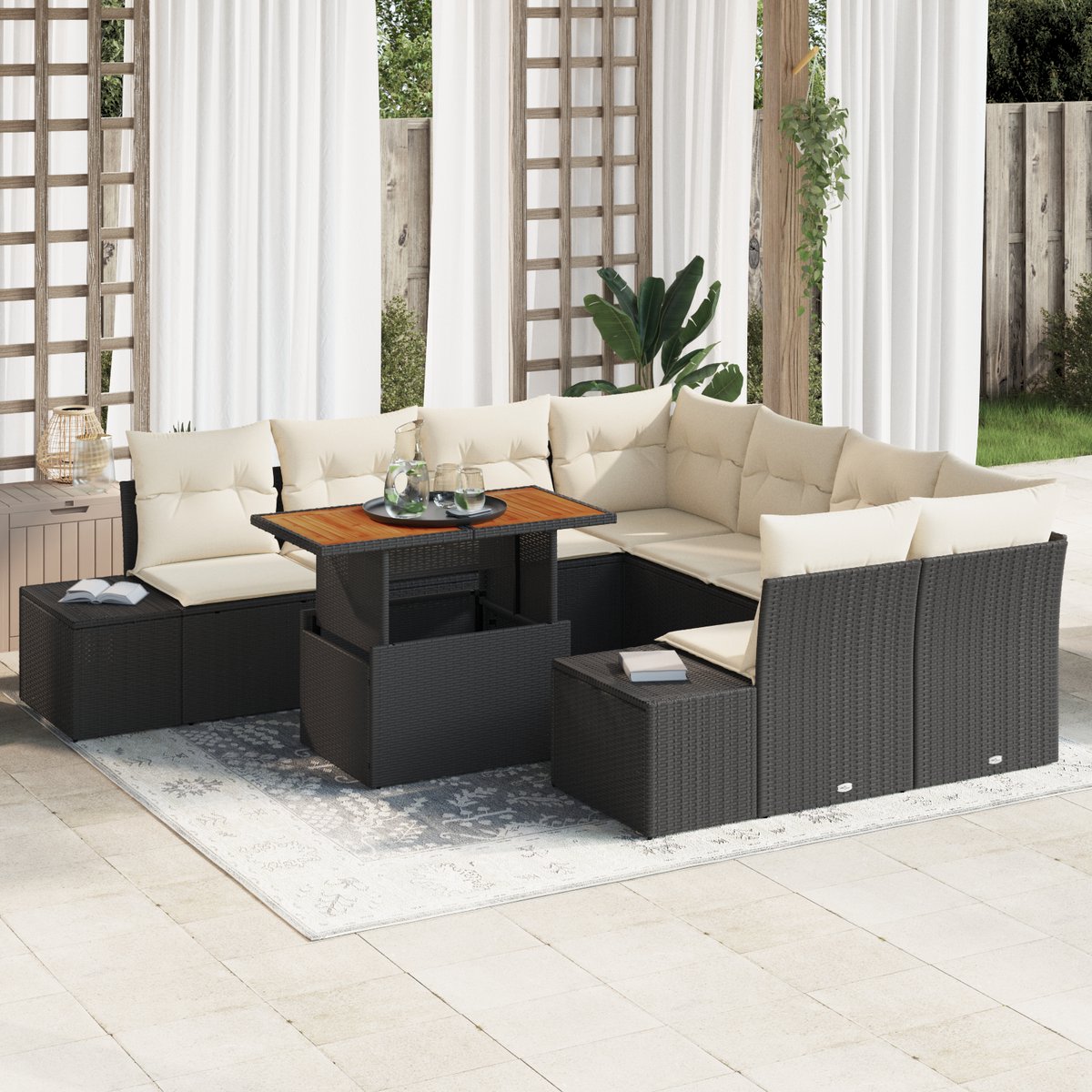 vidaXL - Tuinbank - Set - 9 - st - Zwart - en - Crème
