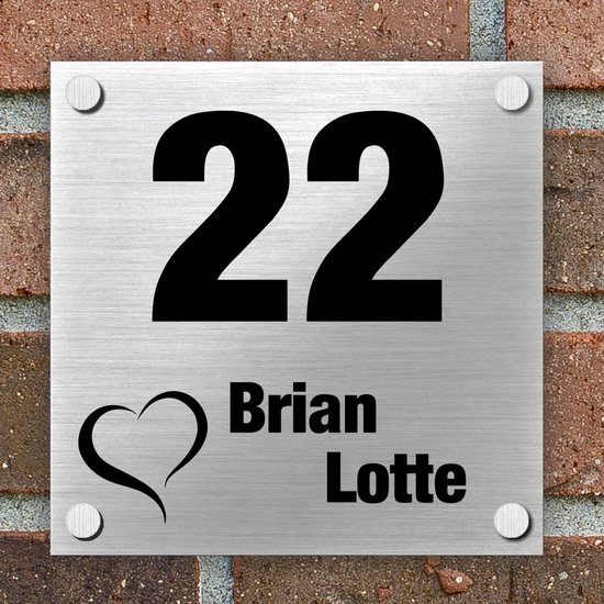 Plaque signalétique porte d'entrée Maison - Signe - Nom et numéro de maison - 15 x 15 cm - Aluminium brossé - Patte de chien - Incl. Kit de montage + entretoises inox