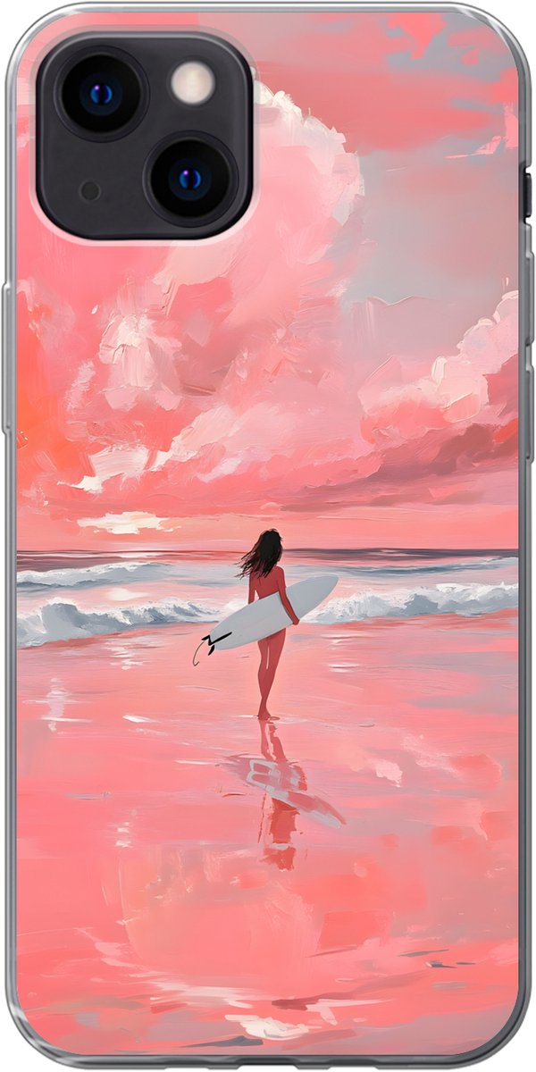 Telefoonhoesje Geschikt voor iPhone 13 mini hoesje - Roze - Surfen - Zee - Siliconen Telefoonhoesje Telefoonhoesje
