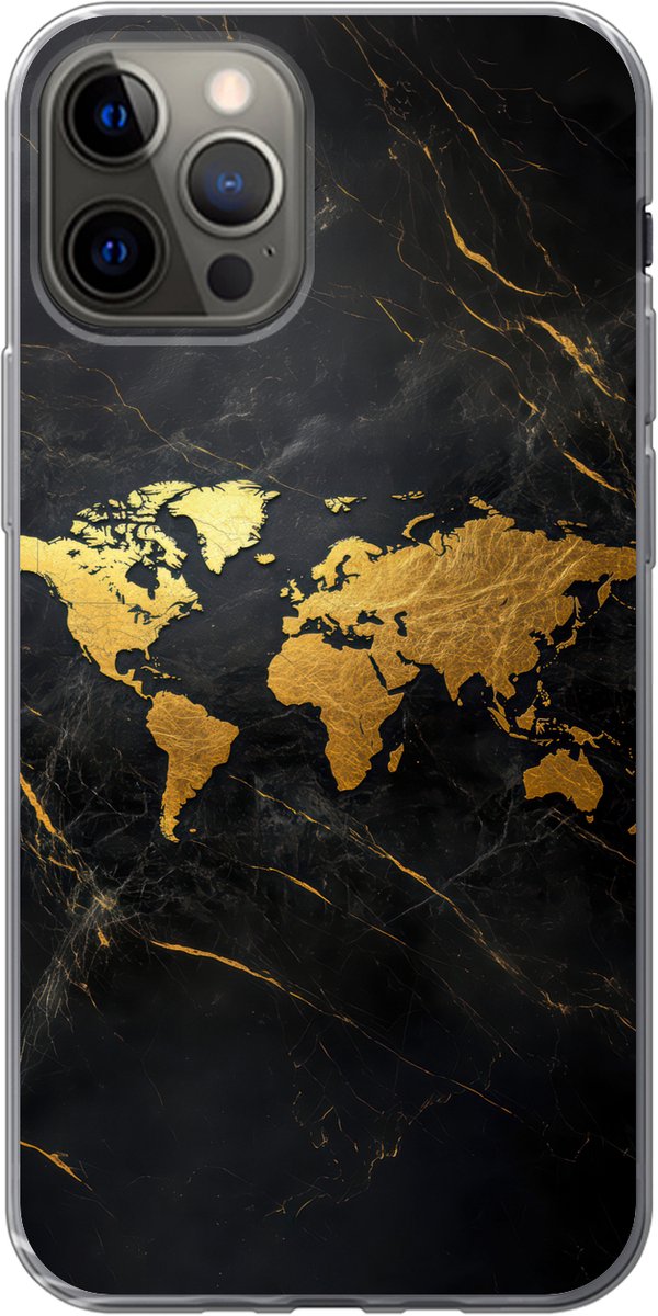 Telefoonhoesje Geschikt voor iPhone 12 Pro hoesje - Wereldkaart - Goud - Marmer print - Siliconen Telefoonhoesje Telefoonhoesje