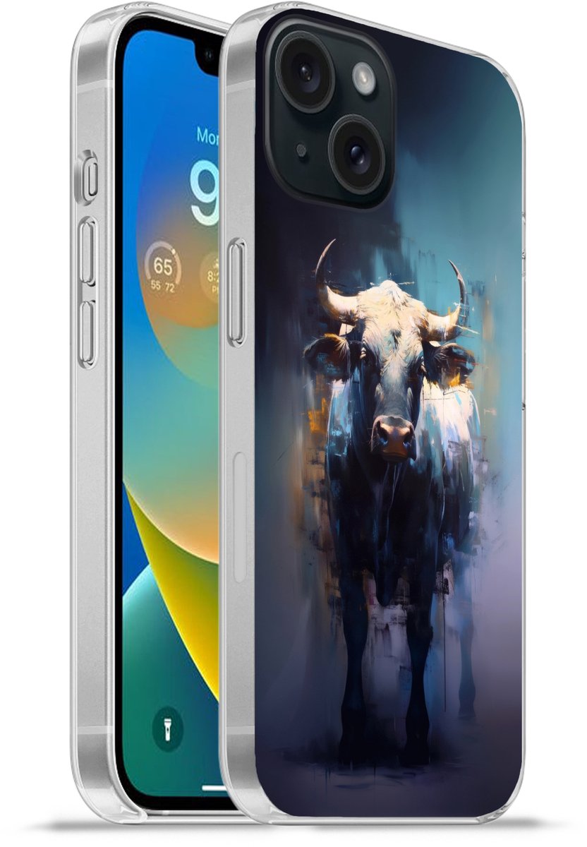 Telefoonhoesje Geschikt voor iPhone 15 hoesje - Stier - Zwart - Abstract - Horens - Siliconen Telefoonhoesje Telefoonhoesje