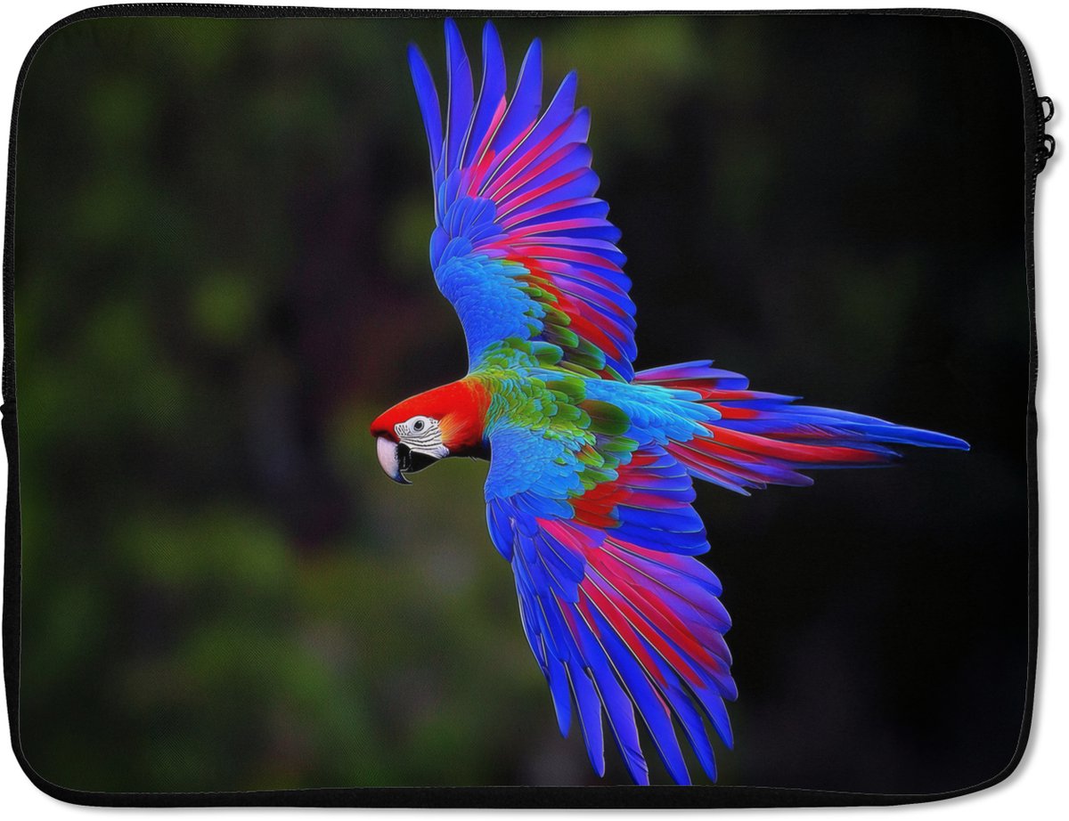 Laptophoes 17 inch - Felgekleurd - Papegaai - Bos - Vleugels - Laptop sleeve - Binnenmaat 41x28 cm - Zwarte achterkant