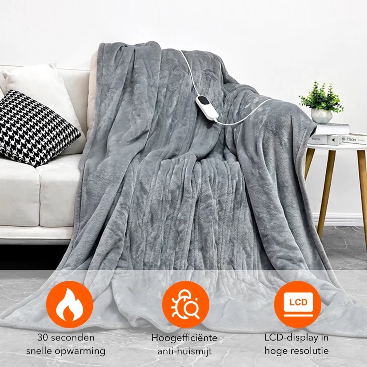 Lopoleis® Elektrische Deken XXL 180x150 cm – Verwarmingsdeken – Infrarood Warmtedeken – Micropluche Fleece – 150W – Grijs – foto 4