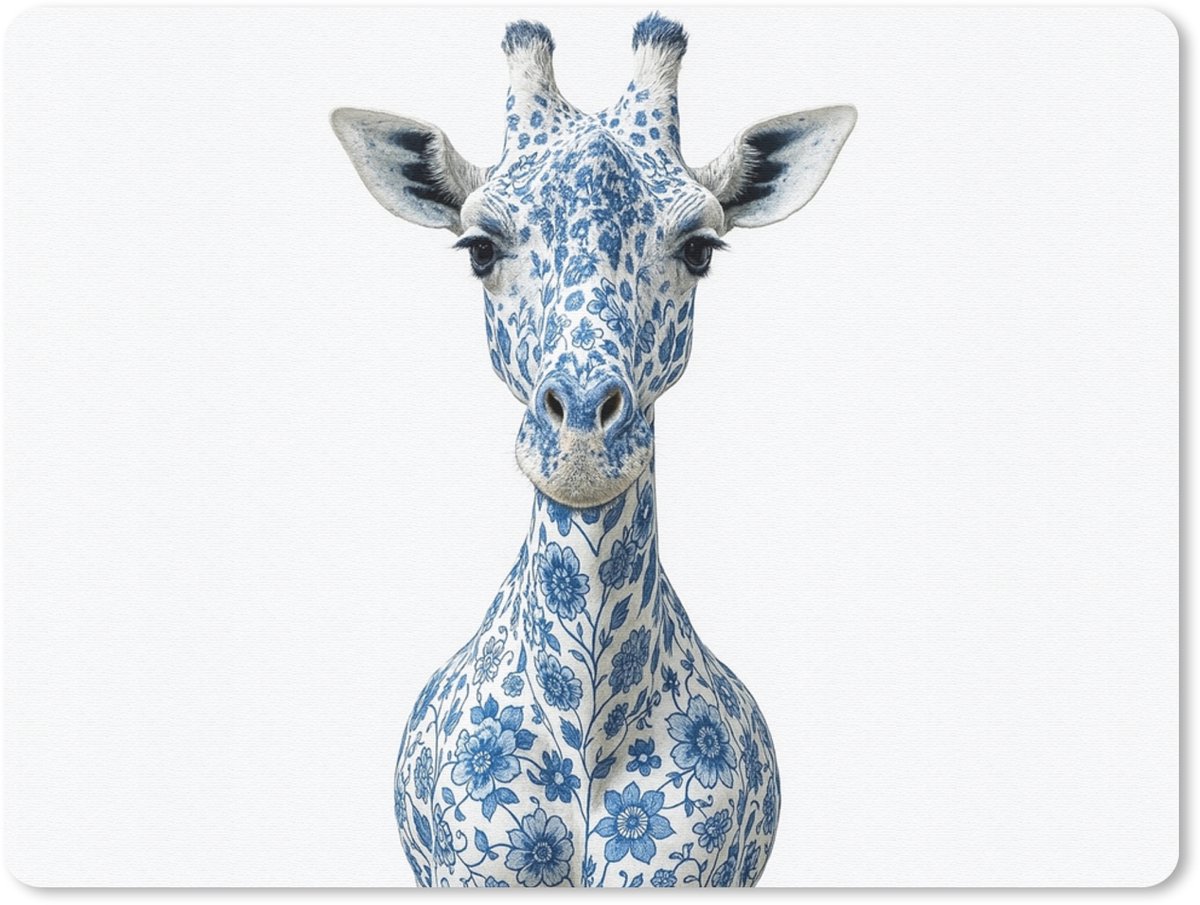 Muismat 23x19 cm - Mousepad Giraffe - Delfts blauw - Dieren - Minimalistisch - Muismatten