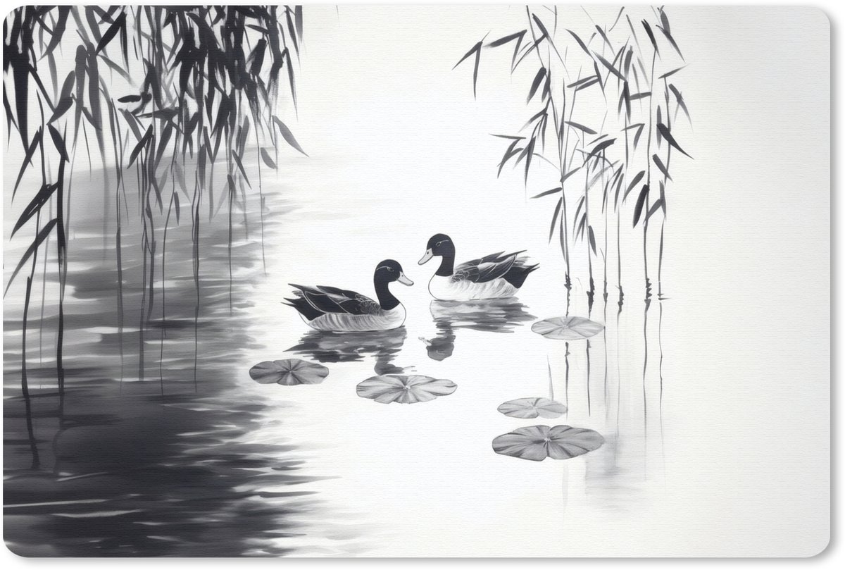 Muismat 27x18 cm - Mousepad Eenden - Waterlelies - Riet - Zwart - Muismatten