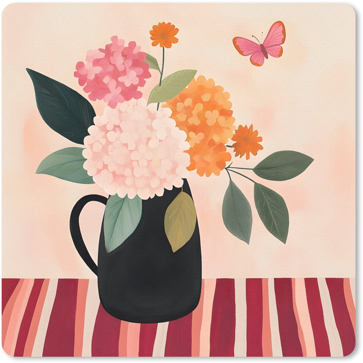 Muismat 20x20 cm - Mousepad Vaas - Bloemen - Vlinder - Rood - Muismatten