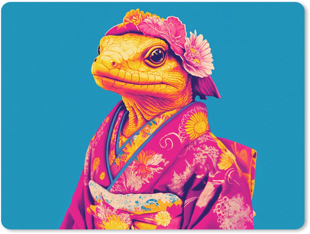 Muismat 23x19 cm - Mousepad Bloemenkrans - Hagedis - Kimono - Paars - Muismatten