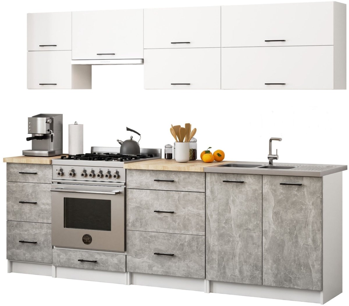 Complete Keuken, Keukenmeubelset OLI0WIA G2 met Verkblad 240 cm breed / Keukeneenheid zonder apparatuur / Wit – Beton Grijs / 240 x 203 x 46 cm